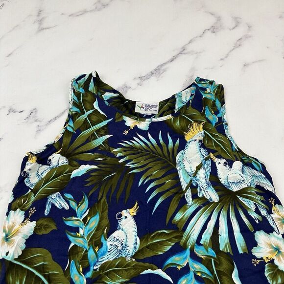 Paradise Bay Womens Vintage Tropical Dress Size M Petite Blue White Birds Floral - Picture 2 of 9
